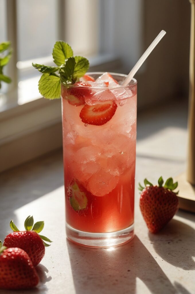 A young woman’s hand, delicately gripping a reusable glass straw, is caught mid-motion as she prepares to take a sip of the Dirty Strawberry Soda with a Twist. The drink sits on a warm-toned terrazzo countertop with subtle specks of pink and gray, while her fingers have minimal nail polish—just a sheer gloss. The glass tumbler is consistent with the first image: transparent, showing the signature marbled swirl of ruby strawberry mash and fizzy soda, lime oils clinging to the rim. In the background, only softly blurred elements are visible—a muted sage-green wall, a soft-focus pitcher of strawberry syrup, and a folded white kitchen towel. Sunlight streams through a nearby window, catching the sparkle in the soda and the gloss on the strawberries. A slice of lime rests on the table, slightly juiced, and a few mint leaves are scattered naturally. The moment feels candid, lifestyle-driven, and evokes refreshment, curiosity, and sensory pleasure. The color palette remains airy and fruit-forward with whites, blush reds, and natural greens. The camera angle is around 45 degrees—intimate, but not intrusive