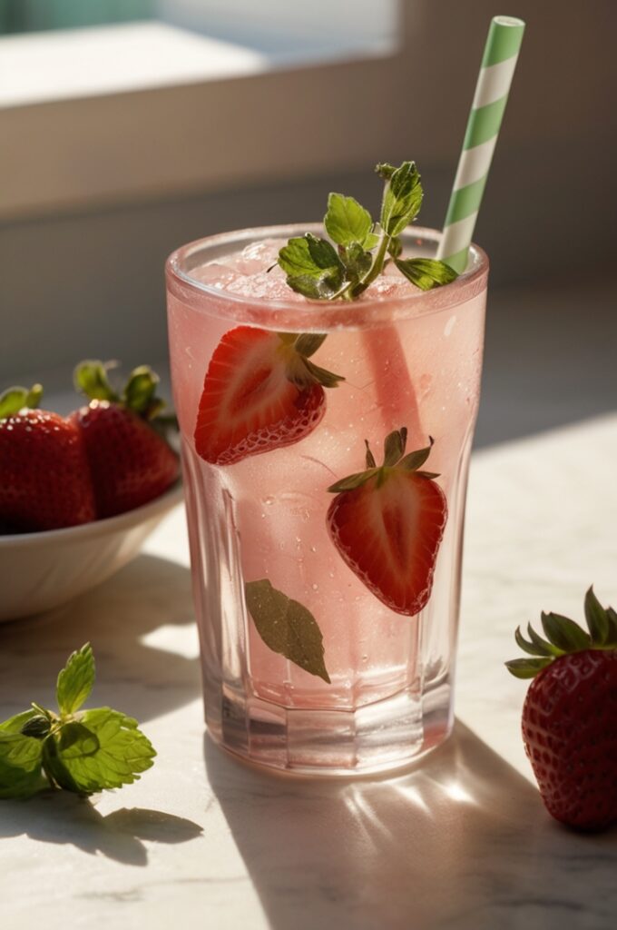 A young woman’s hand, delicately gripping a reusable glass straw, is caught mid-motion as she prepares to take a sip of the Dirty Strawberry Soda with a Twist. The drink sits on a warm-toned terrazzo countertop with subtle specks of pink and gray, while her fingers have minimal nail polish—just a sheer gloss. The glass tumbler is consistent with the first image: transparent, showing the signature marbled swirl of ruby strawberry mash and fizzy soda, lime oils clinging to the rim. In the background, only softly blurred elements are visible—a muted sage-green wall, a soft-focus pitcher of strawberry syrup, and a folded white kitchen towel. Sunlight streams through a nearby window, catching the sparkle in the soda and the gloss on the strawberries. A slice of lime rests on the table, slightly juiced, and a few mint leaves are scattered naturally. The moment feels candid, lifestyle-driven, and evokes refreshment, curiosity, and sensory pleasure. The color palette remains airy and fruit-forward with whites, blush reds, and natural greens. The camera angle is around 45 degrees—intimate, but not intrusive
