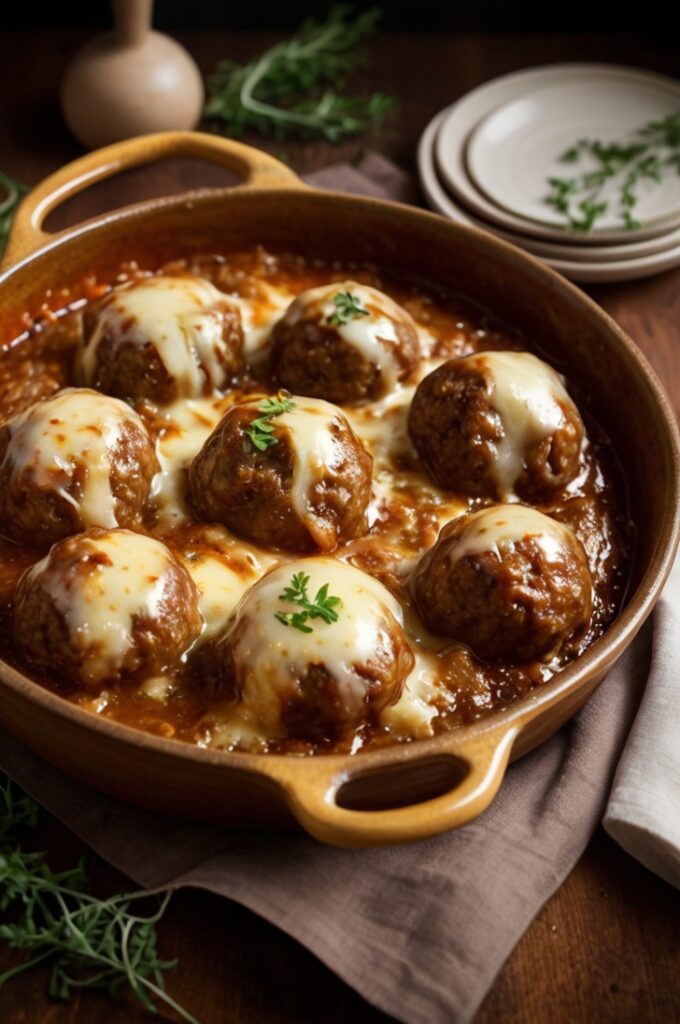 Savory French Onion Baked Meatballs with Cheese Delight 