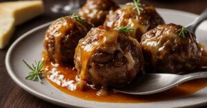 Read more about the article Savory French Onion Baked Meatballs with Cheese Delight Recipe